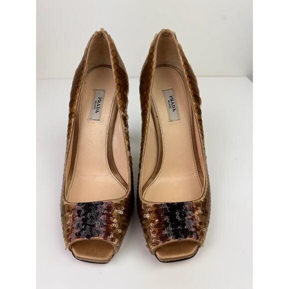 PRADA Womens Bronze Brown Metallic Sequin Peep Toe Pumps High Heels EU 35 - Picture 4 of 12